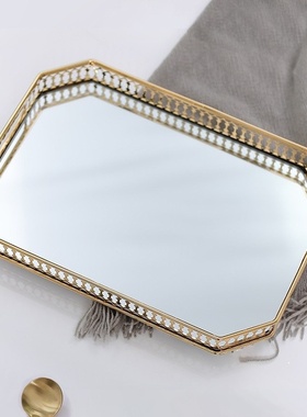 欧式轻奢玻璃金属托盘卧室客厅茶几玄关收纳盘水杯茶盘摆件装饰品