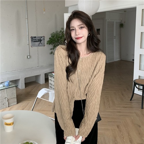 2022 Korean version is thin, versatile, trendy, niche, chic, retro pleated long sleeved shirt, sweet, loose cardigan, blouse, female