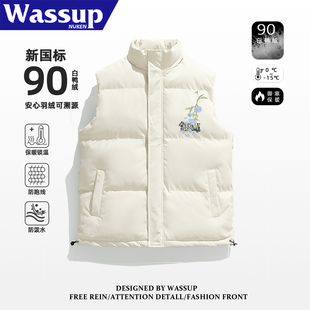 立领无袖 美式 外套 冬季 WASSUP街头潮牌90白鸭绒轻薄羽绒服马甲男款