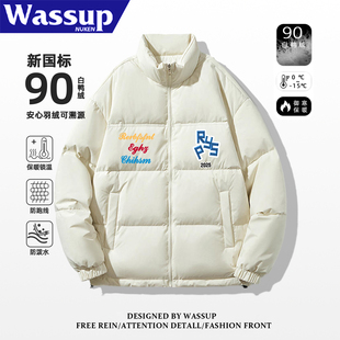 WASSUP冬季街头轻薄米白色羽绒服男女款学生百搭个性印花保暖外套