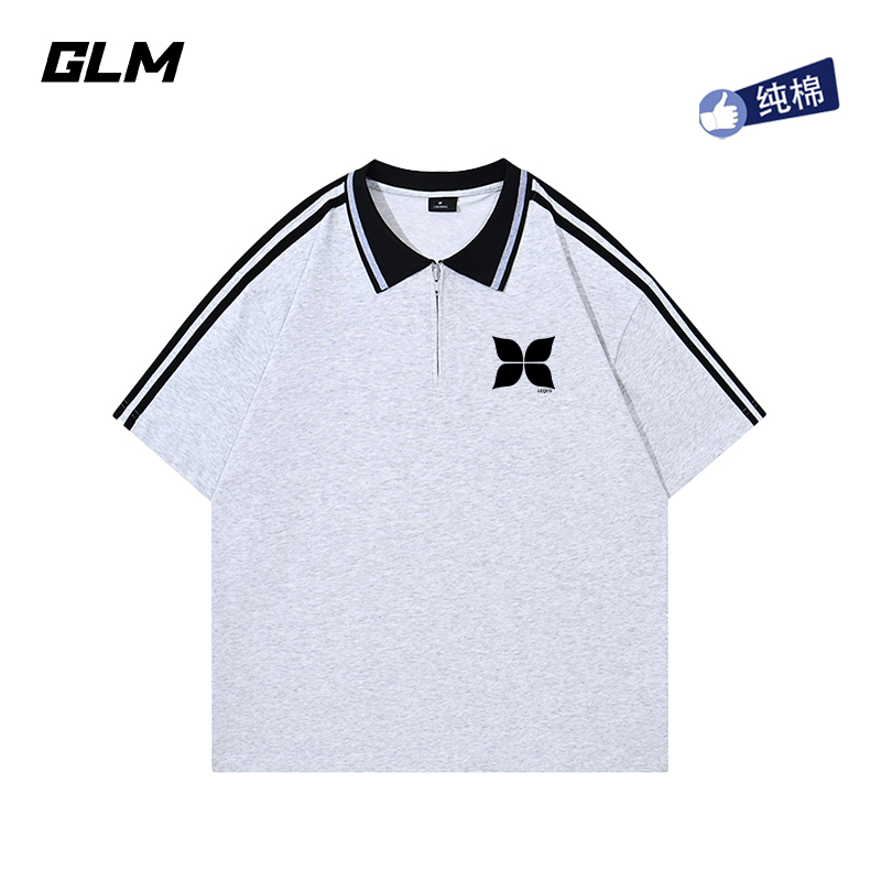 GLM简约两条杠翻领短袖T恤男