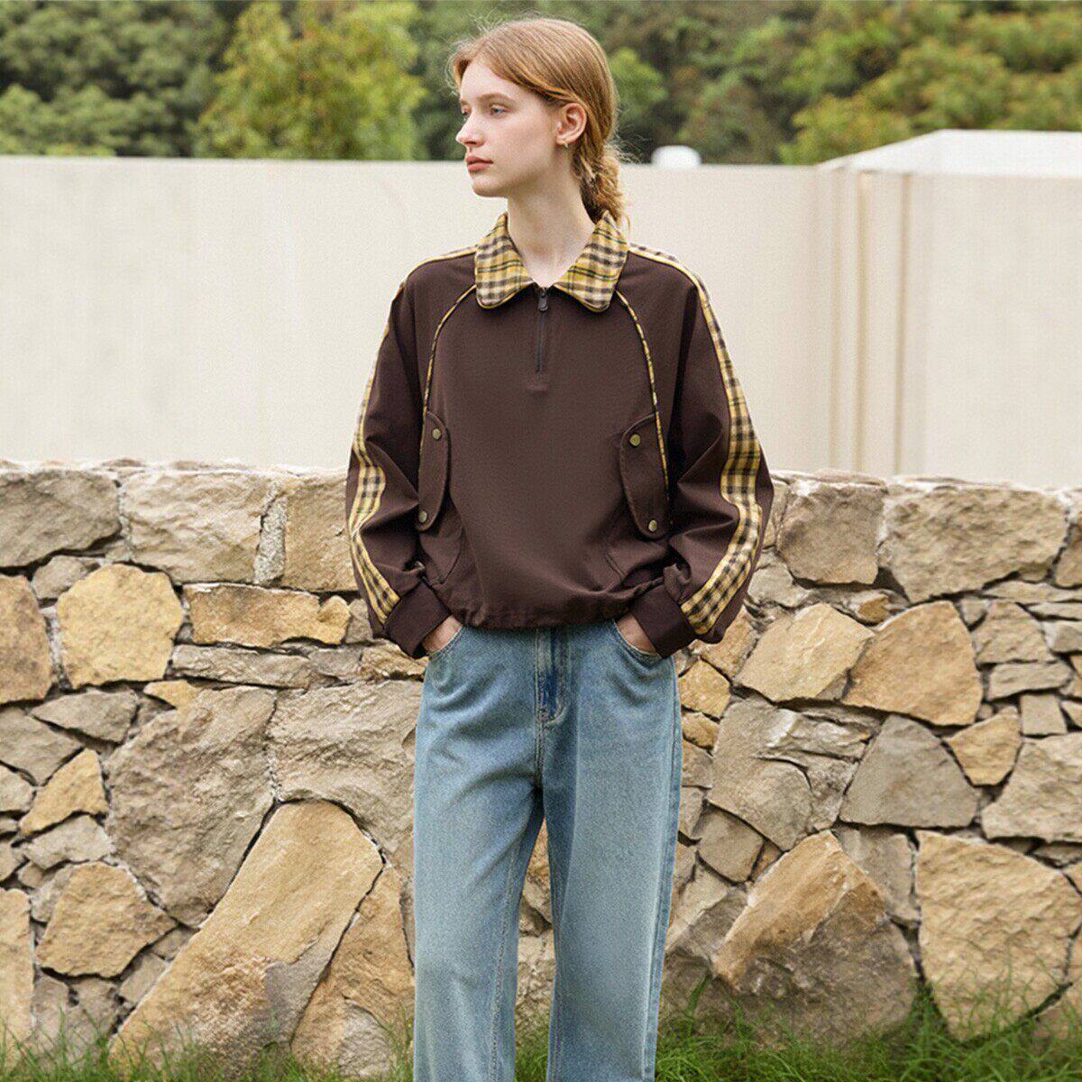 【柚】气质格纹拼接设计感显瘦卫衣007品牌折扣店26春休闲上衣女 - 淘宝联盟商品