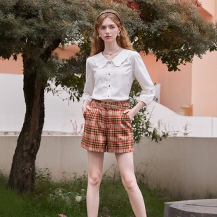 品牌撤柜【H袖系列】绵羊毛腰带格纹阔腿显瘦休闲裤25冬短裤女