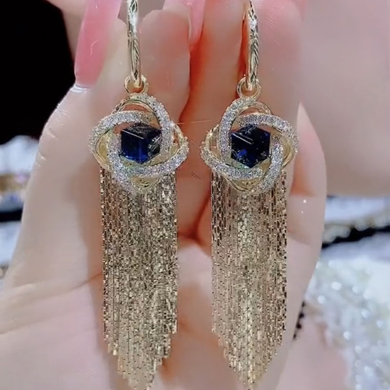 镶钻缠绕蓝色魔方流苏耳环新款气质夸张耳饰欧美重工高级感耳坠女