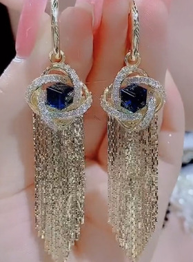 镶钻缠绕蓝色魔方流苏耳环新款气质夸张耳饰欧美重工高级感耳坠女