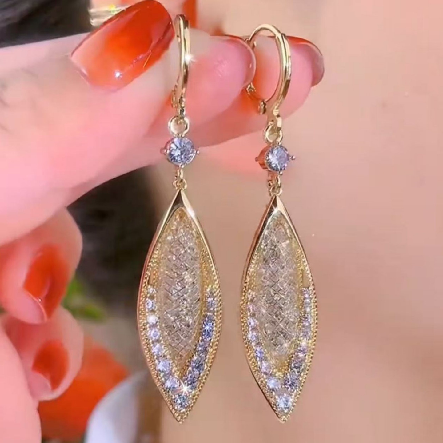 长款水滴镶钻菱形耳环水晶锆石