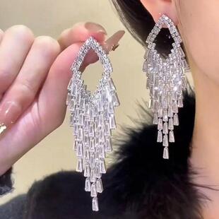 银针时尚夸张锆石流苏耳环轻奢高级感长款气质大气耳饰新款爆款