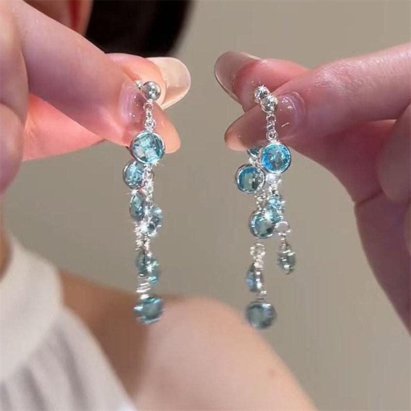 海蓝宝水晶流苏耳环女高级感耳饰