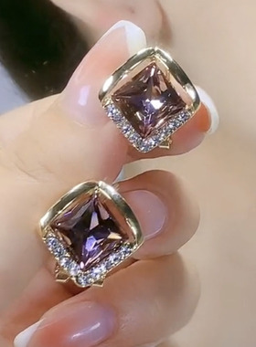 菱形紫色水晶耳钉纯银针精致百搭显气质耳环日韩小众设计几何耳饰