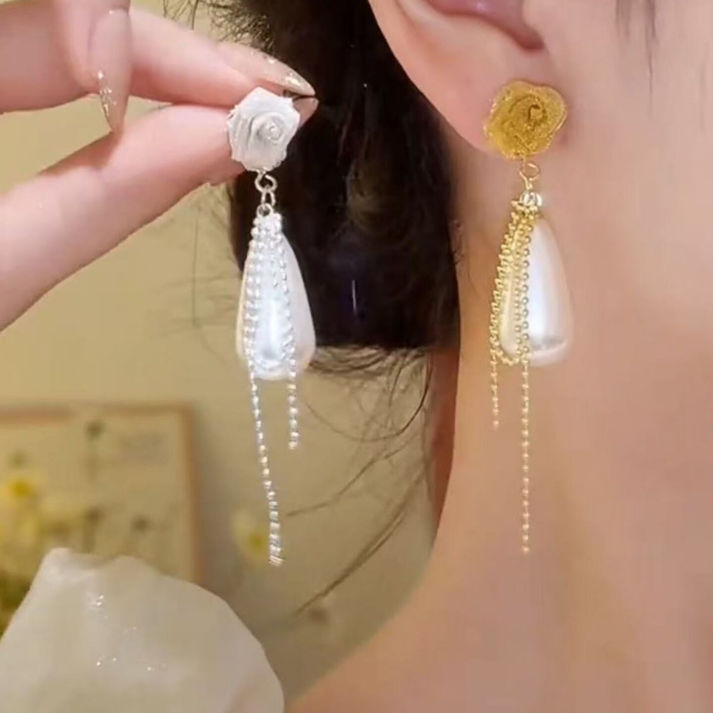 法式玫瑰花耳钉水滴珍珠流苏耳环