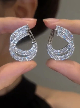 奢华满钻双层耳环高级感网红爆款耳饰百搭小众精致轻奢耳坠女银针