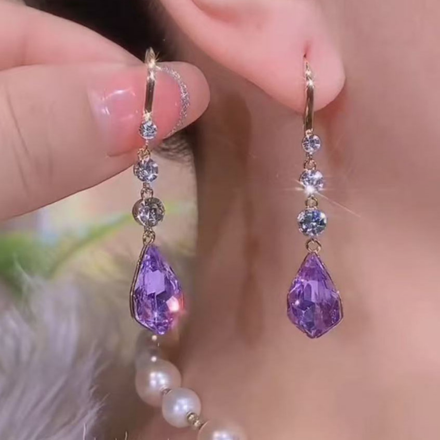 轻奢超闪紫色水晶耳环女气质高级