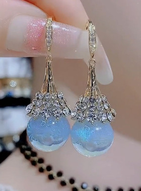 蓝色人鱼姬珍珠耳环高级感精致微镶钻耳钩网红时尚气质款耳饰耳坠