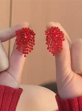 复古红色串珠流苏耳钉银针新款显脸小耳环小众设计安可拉红耳饰女