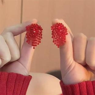 复古红色串珠流苏耳钉银针新款显脸小耳环小众设计安可拉红耳饰女