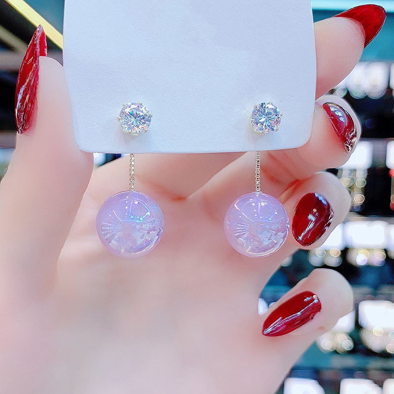 人鱼姬紫色珍珠耳环女银针锆石气质高级大气幻彩圆球耳饰一款两戴