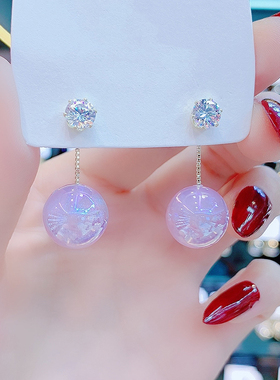 人鱼姬紫色珍珠耳环女银针锆石气质高级大气幻彩圆球耳饰一款两戴