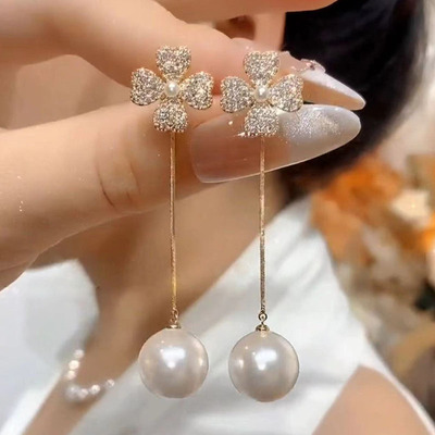 韩式简约微镶花朵耳环长款珍珠潮