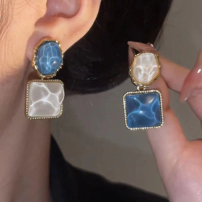 不对称耳钉蓝色几何方形耳环小众