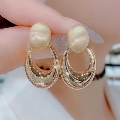 纯银针拉丝椭圆形金属镂空耳环