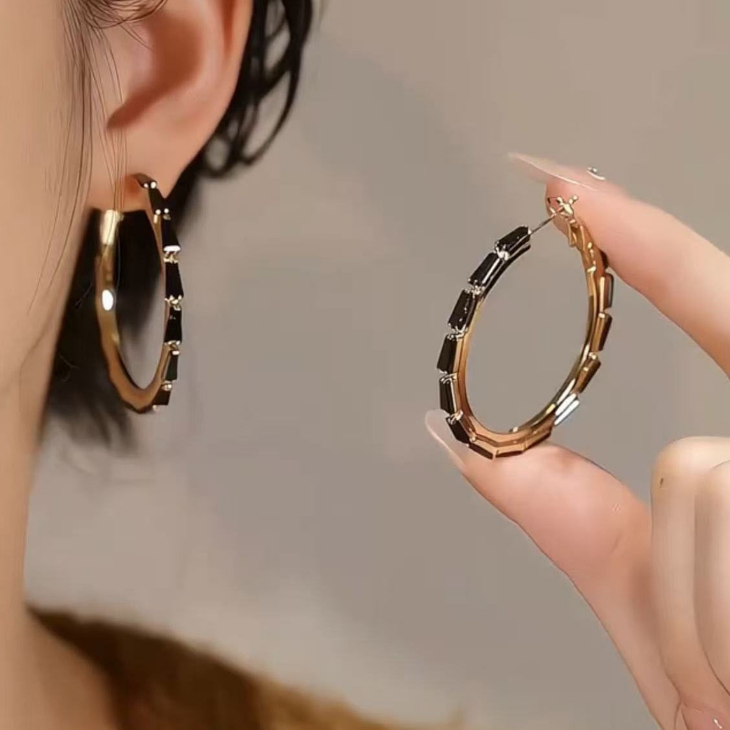 复古夸张气质黑水晶圆圈耳环高级