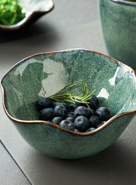 日式荷叶摆台酒店复古窑变餐具一人食碗盘套装单人餐厅碗碟勺子杯