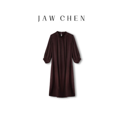 【JAW CHEN】香云纱立领压褶长袖宽松连衣裙32607