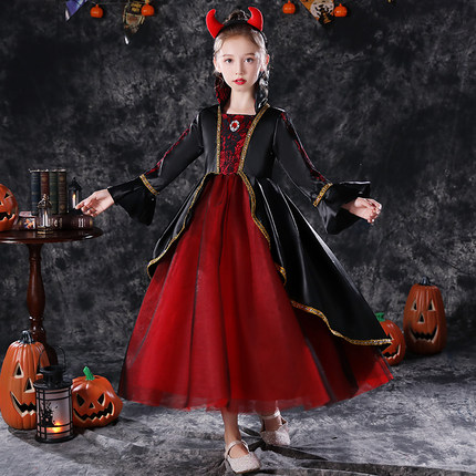 万圣节儿童服装女童cosplay女巫披风连衣裙小女孩表演舞会晚礼服