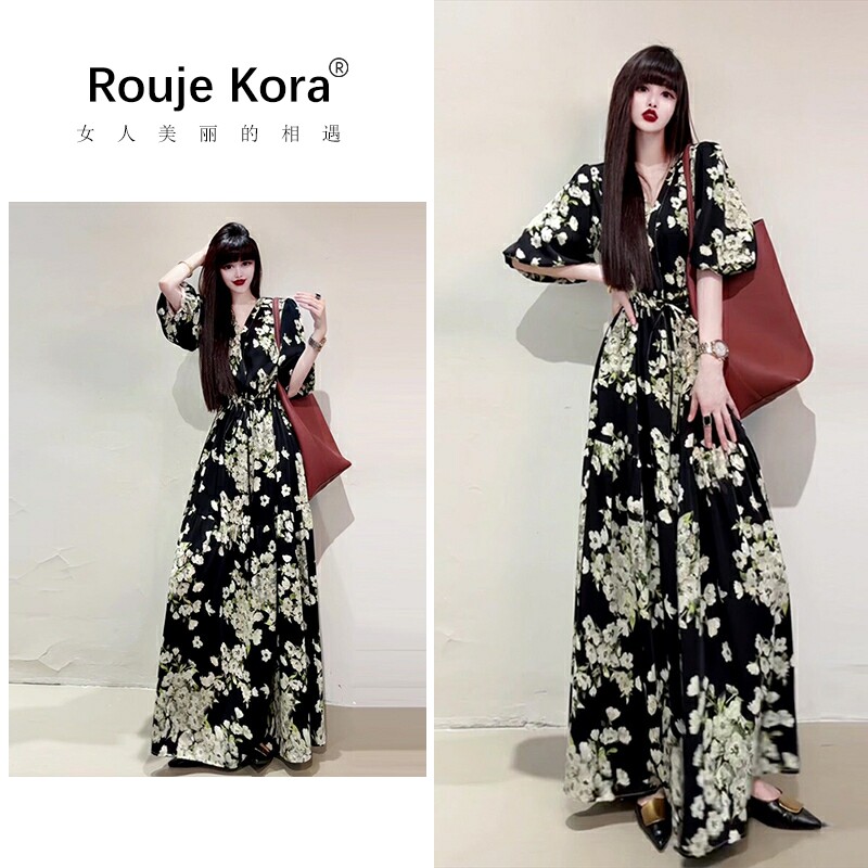 ROUJE KORA法式感抽绳收腰连衣裙女夏季宽松大码遮肚显瘦及踝长裙