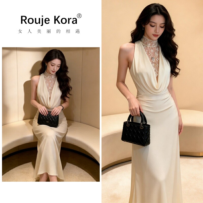 ROUJE KORA优雅风蕾丝拼接荡领无袖连衣裙女夏季绝美收腰气质长裙