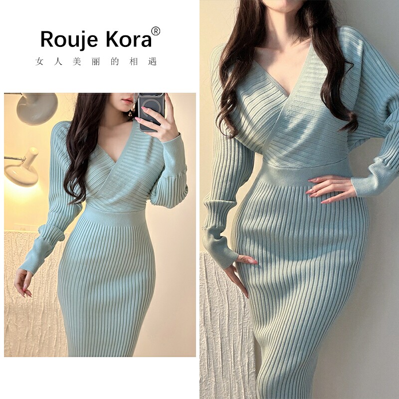 ROUJE KORA针织长袖连衣裙女秋冬季v领内搭打底收腰修身包臀长裙