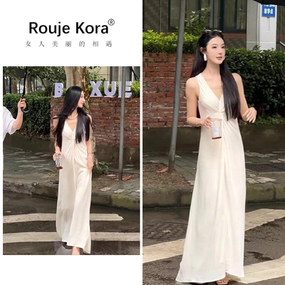 ROUJE KORA时尚风V领扭结百搭无袖连衣裙女士春季收腰显瘦A字长裙