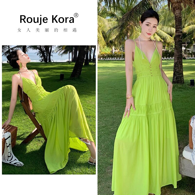 ROUJE KORA露背吊带连衣裙女春夏季多巴胺三亚海边度假沙滩长裙子