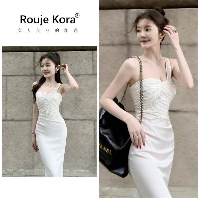 ROUJE KORA掐腰绝美设计感单肩连衣裙女夏季新款收腰鱼尾包臀长裙