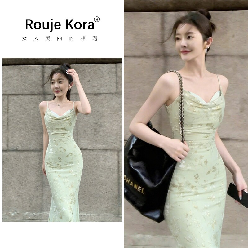 ROUJE KORA漂亮掐腰烫金碎花吊带连衣裙女夏网纱抹胸包臀鱼尾长裙