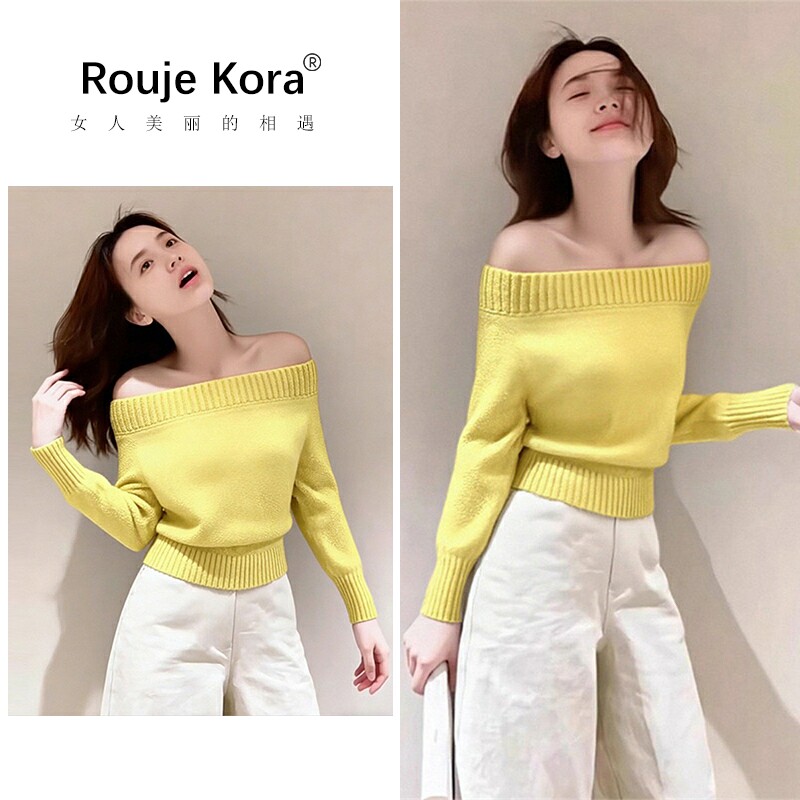 ROUJE KORA黄色一字领露肩收腰针织衫女2026春韩系慵懒松弛感上衣