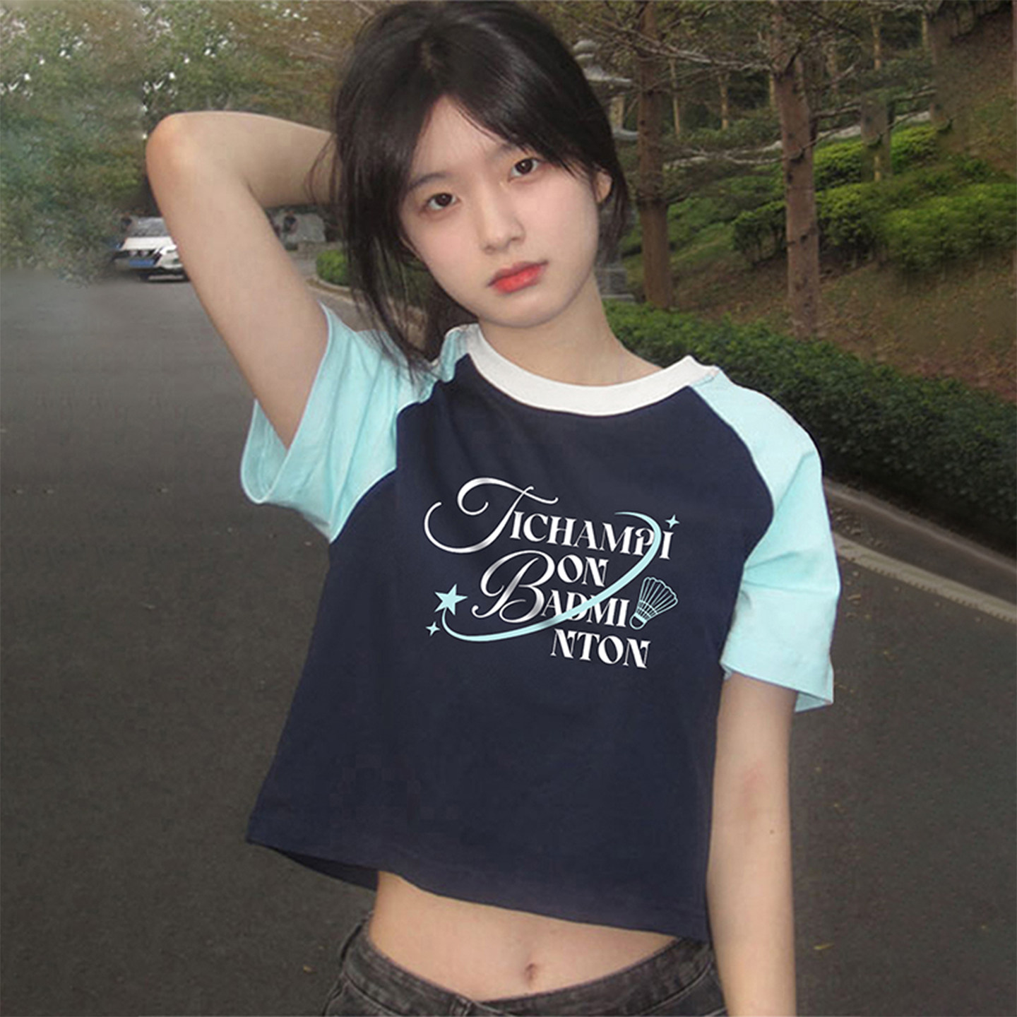 夏季冠军美式运动拼色插肩短袖T恤女2026新款宽松短款圆领棉上衣