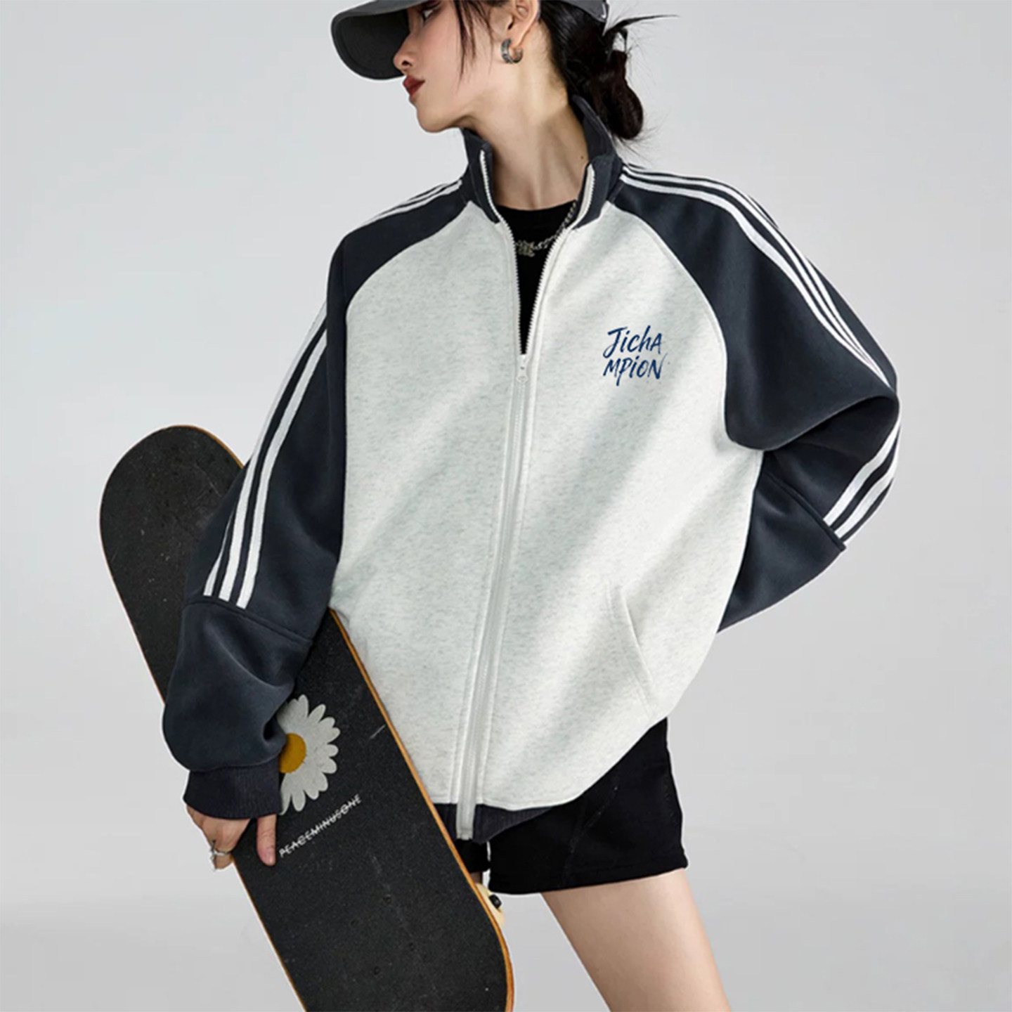 季冠军2025秋冬新款运动立领拉链卫衣女宽松休闲情侣棒球服外套男