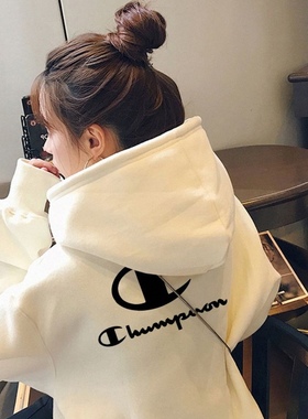 日版秋季冠军潮牌情侣白色显瘦圆领卫衣女休闲百搭纯棉上衣外套男