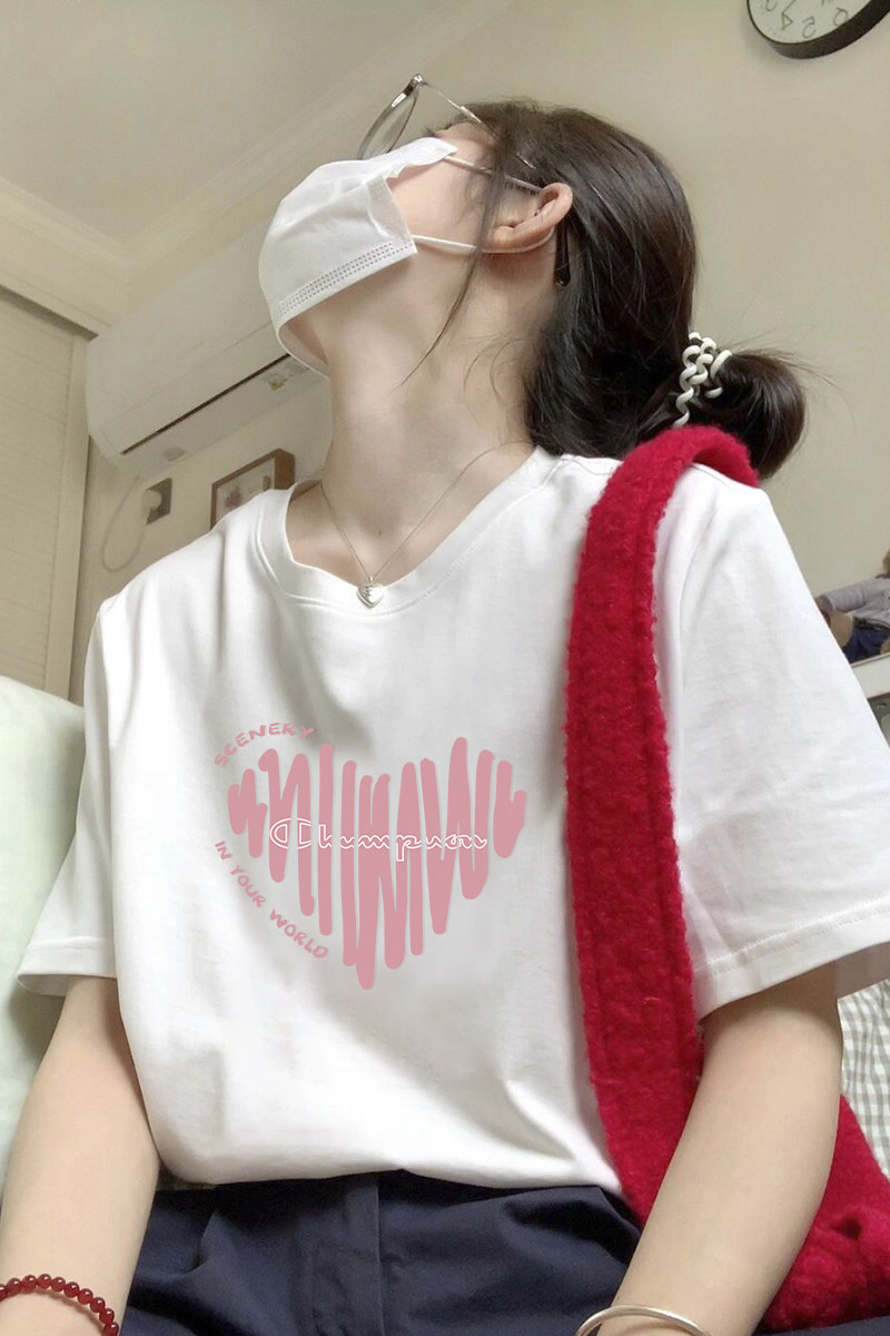 夏季冠军潮牌短袖T恤女2024新款纯棉宽松白色粉色爱心印花上衣女