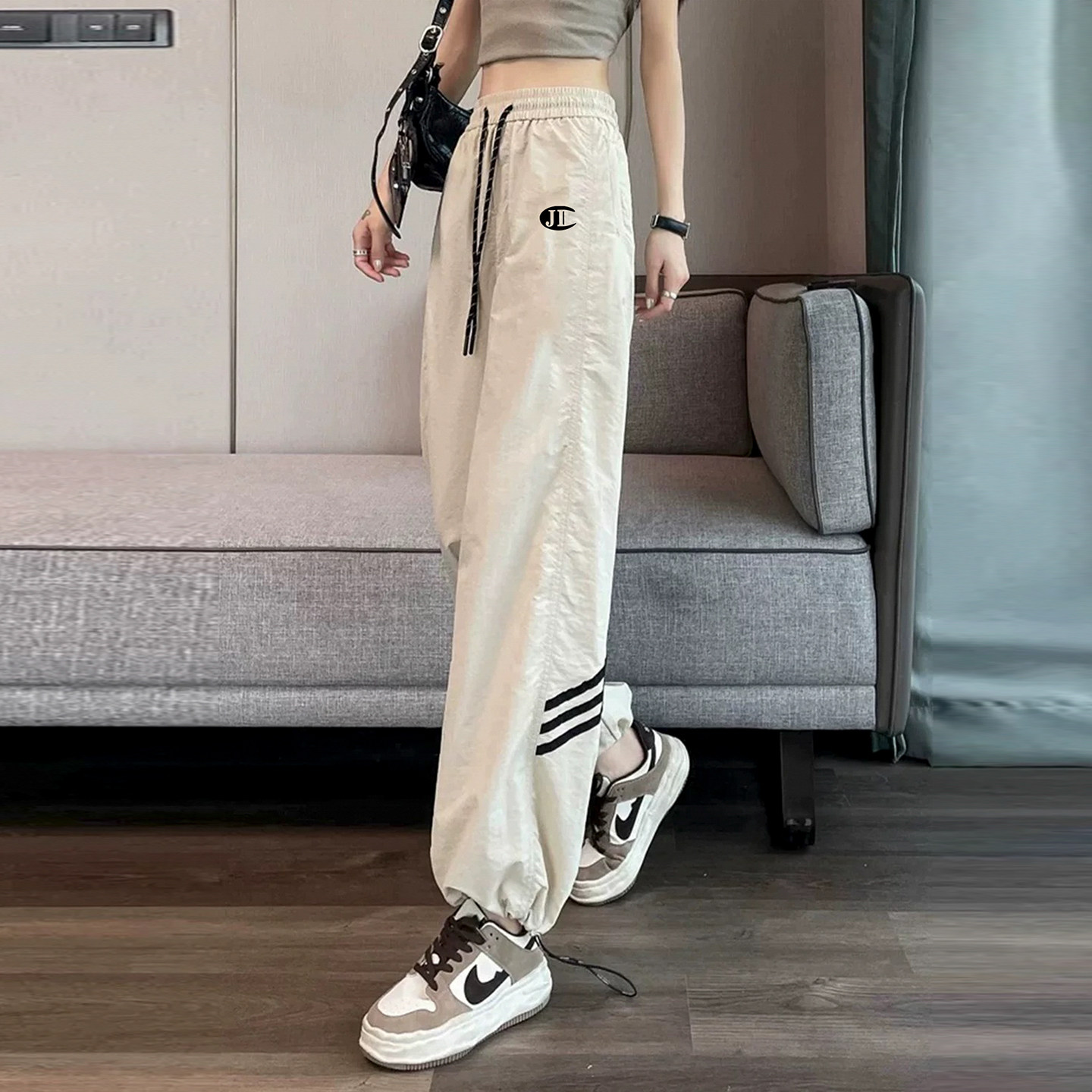 季冠军运动裤子女2025新款薄款小个子美式阔腿速干束脚高腰工装裤