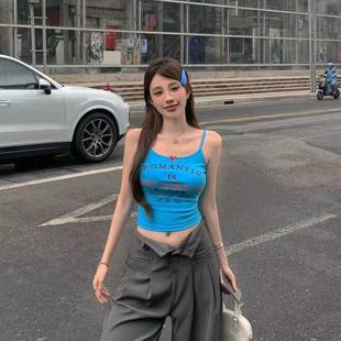 2025夏季 显瘦辣妹上衣带胸垫美式 甜豆复古字母印花吊带背心女修身