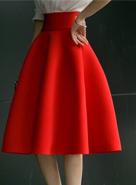 高腰显瘦半身裙 中长款女百搭伞裙太空棉大摆裙A字百褶蓬蓬裙复古