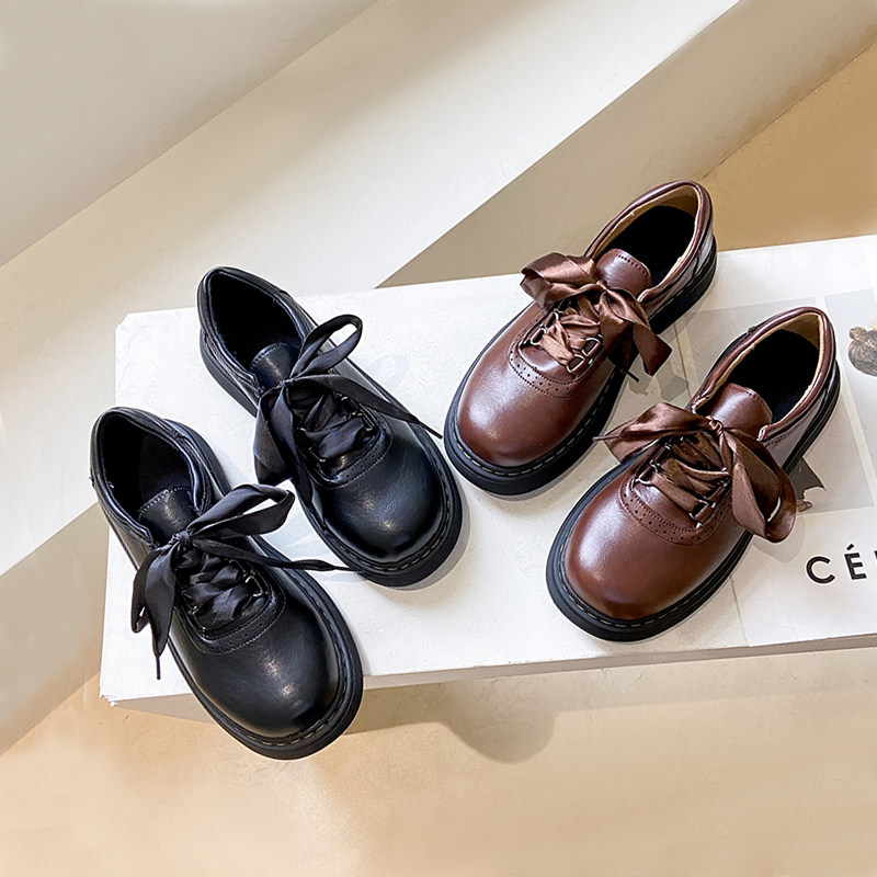 圆头厚底乐福鞋系带复古皮鞋