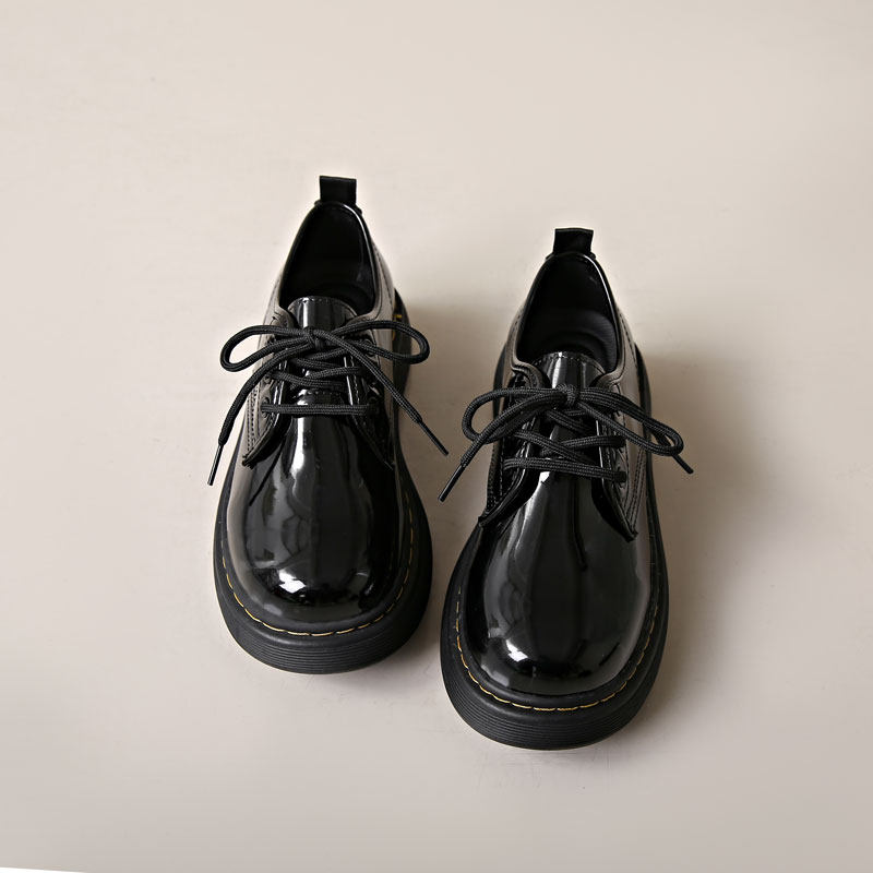 英伦学院风JK制服鞋平跟厚底女黑色系带小皮鞋亮皮复古女圆头马丁