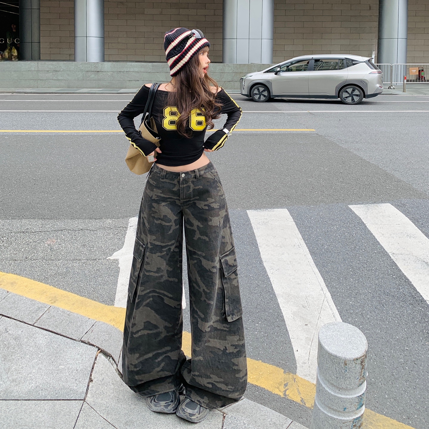 YC&美式复古低腰宽松阔腿裤百搭迷彩工装裤秋冬直筒牛仔裤女新款