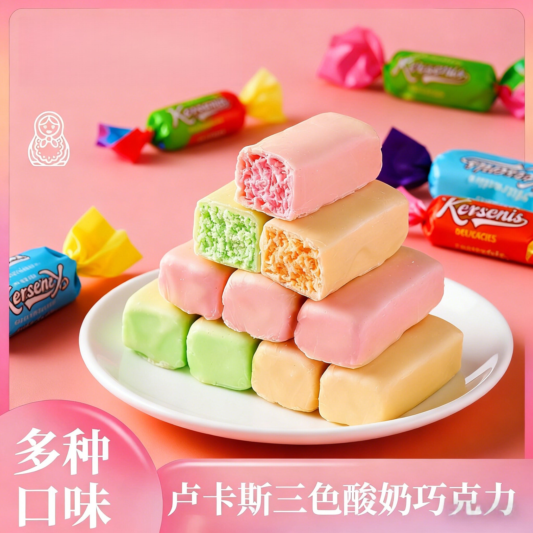 卢卡斯酸奶巧克力俄罗斯风味三色夹心果味糖果年货圣诞喜糖果零食