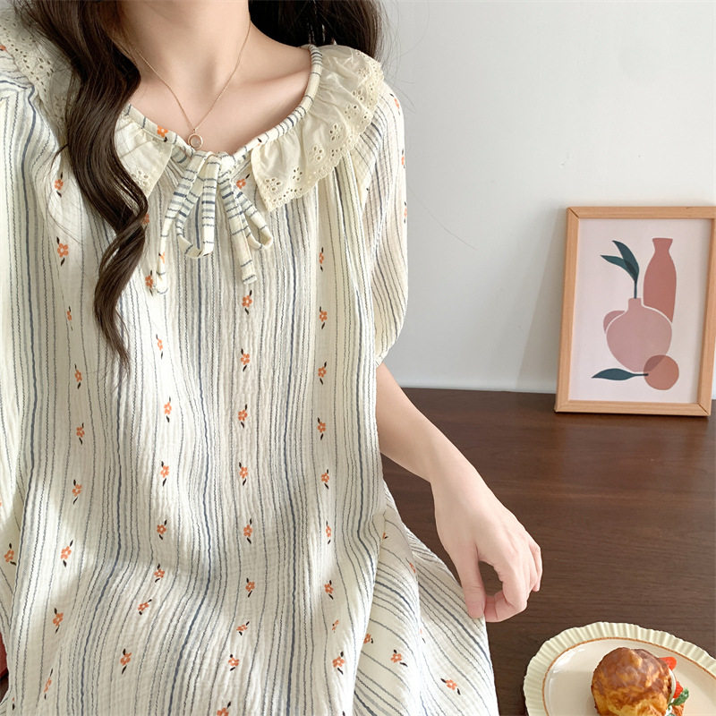 韩版竖条纹肌理碎花睡裙女款夏季甜美娃娃领蕾丝边网红中长款睡衣,女士内衣/男士内衣/家居服,睡袍/浴袍,淘宝优惠券,粉丝福利购,淘宝优惠卷