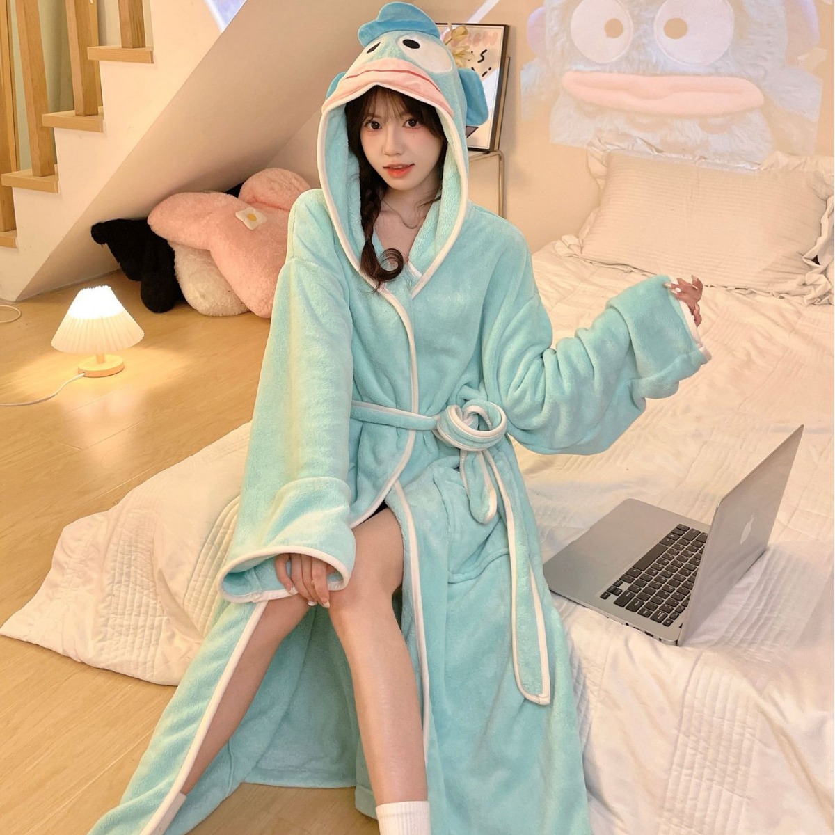 卡通丑鱼日系睡袍珊瑚绒吸水速干浴袍秋冬款女暖绒浴巾和服浴衣