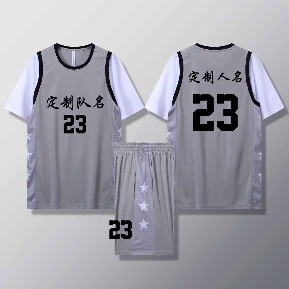 女款女生女童学生假两件短袖篮球服运动健身套装定制印刷B004灰色
